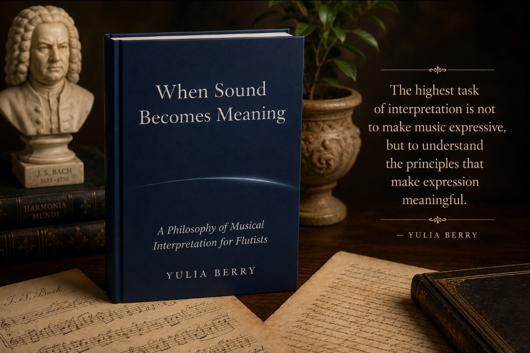 Cover of When Sound Becomes Meaning by Yulia Berry alongside a marble bust of J. S. Bach, historical music manuscripts, and classical books in an academic library setting.