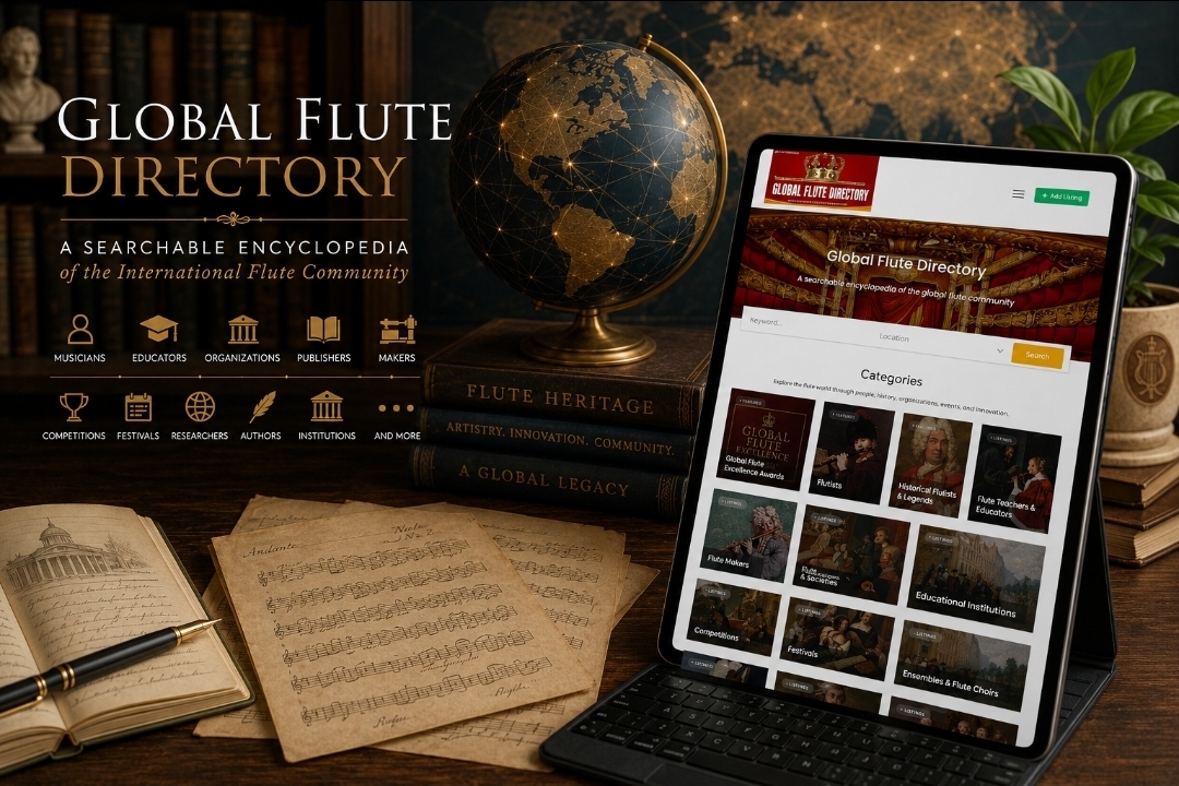 Elegant editorial illustration of the Global Flute Directory featuring a globe, tablet displaying the directory, books, manuscripts, and a scholarly workspace representing a searchable encyclopedia of the international flute community.