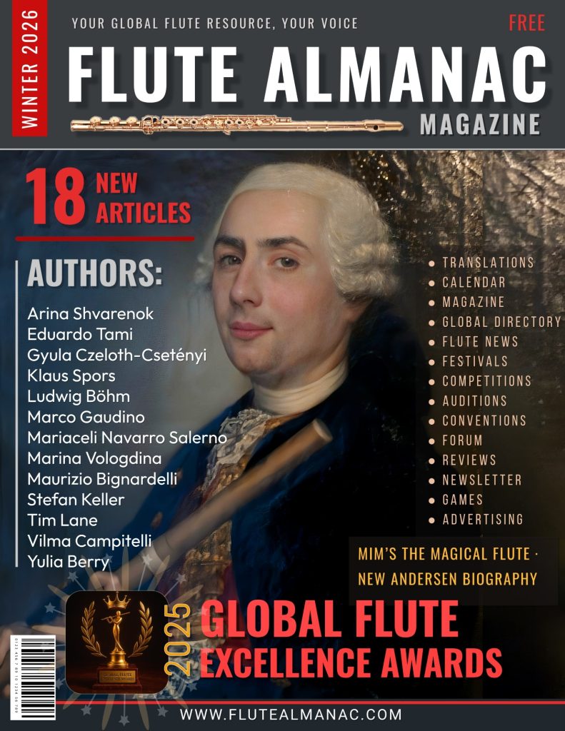 Flute Almanac Winter 2026 magazine cover featuring international flute history, pedagogy, performance, research, and culture.