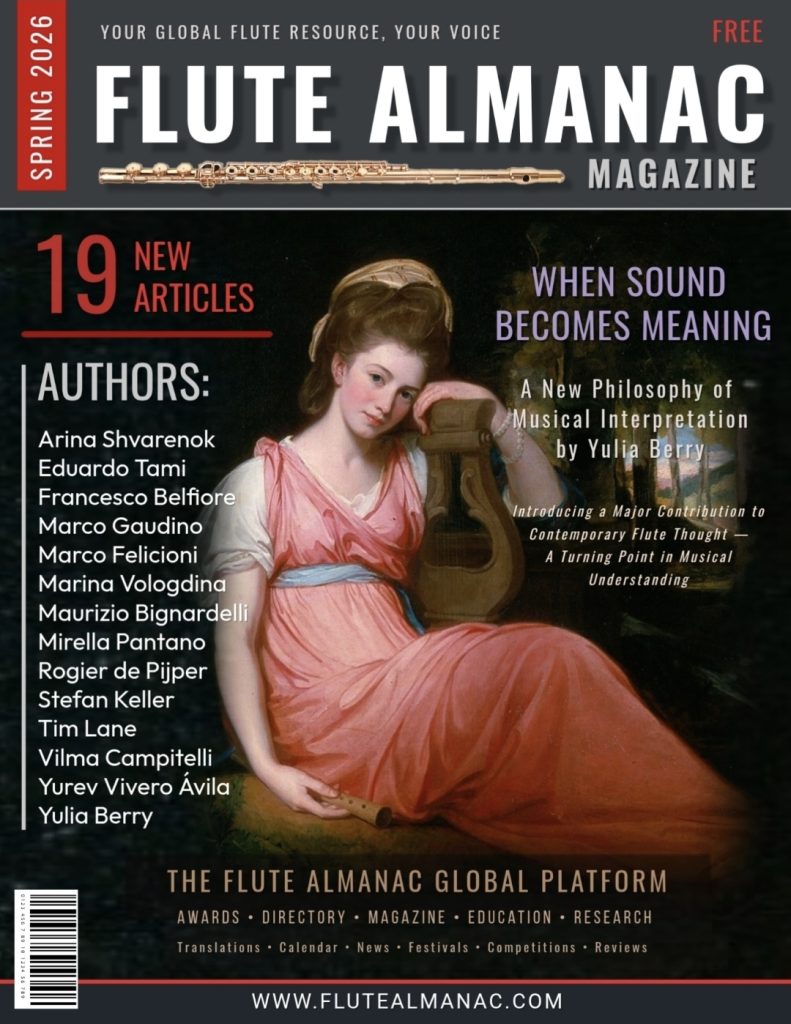 Flute Almanac Spring 2026 magazine cover featuring international articles on flute history, pedagogy, research, performance, philosophy, and Young Flutist Spotlight.