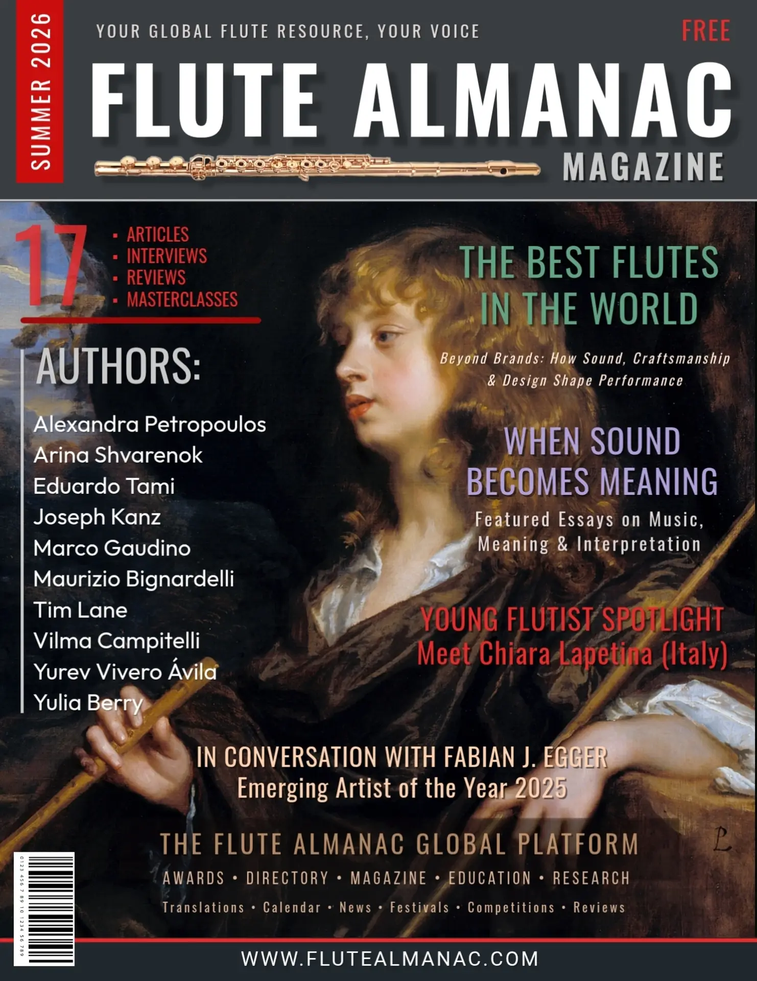 Cover feature introducing the Summer 2026 edition of Flute Almanac with highlights from interviews, research, pedagogy, reviews, history, and international flute community contributions.